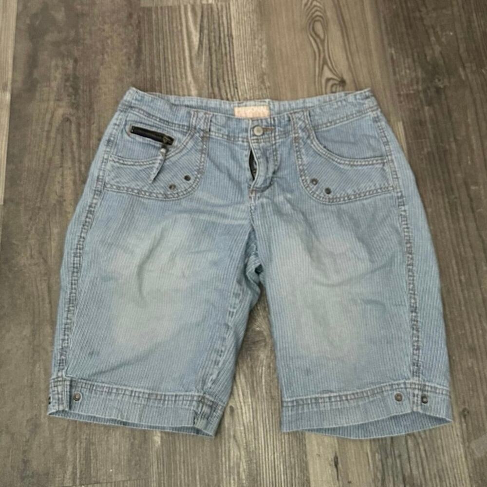 personal identity blue jean striped capri shorts denim